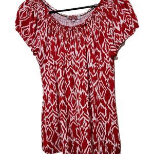 CAROL ROSE  Top Women Size Medium Red Short Sleeve Ruffle Wide Neck Relax Fit